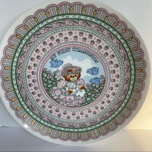 First Communion Plate Enesco Japan Lucy & Me Bear pink green porcelain 8.5”.